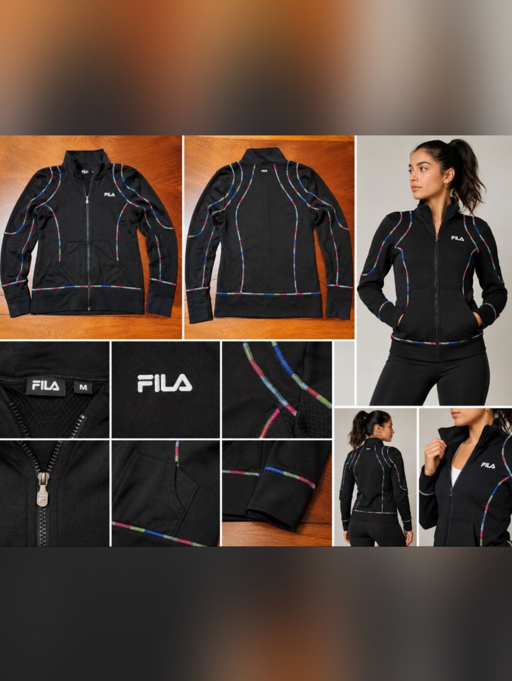 FILA Black Jacket with Multicolor Contrast Piping